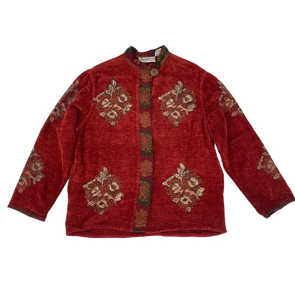 Flashback Red Floral Chenille Embroidered Tapestry Trim Jacket Medium Bohemian
